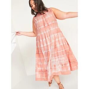 Old Navy Tie-Dyed Sleeveless Tie-Neck Tiered Midi Swing Dress Women's S Orange
